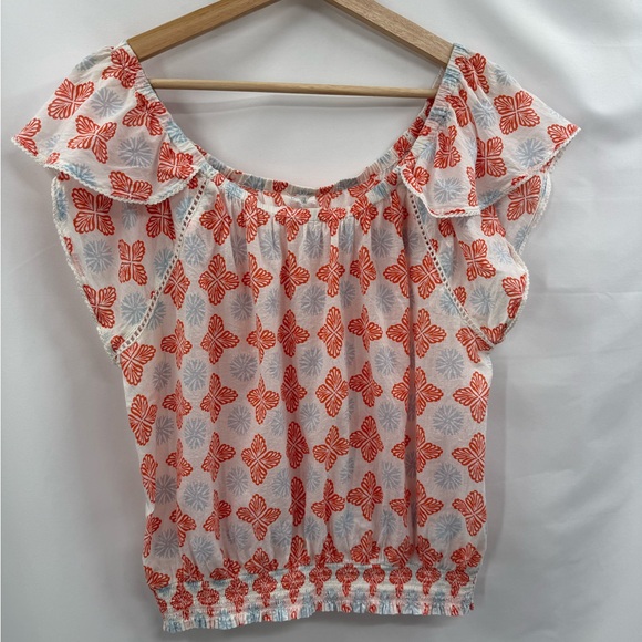 Sigrid Olsen Cotton Peasant Flutter Sleeve Printed Top | White/Orange/Blue | Med - Picture 3 of 7